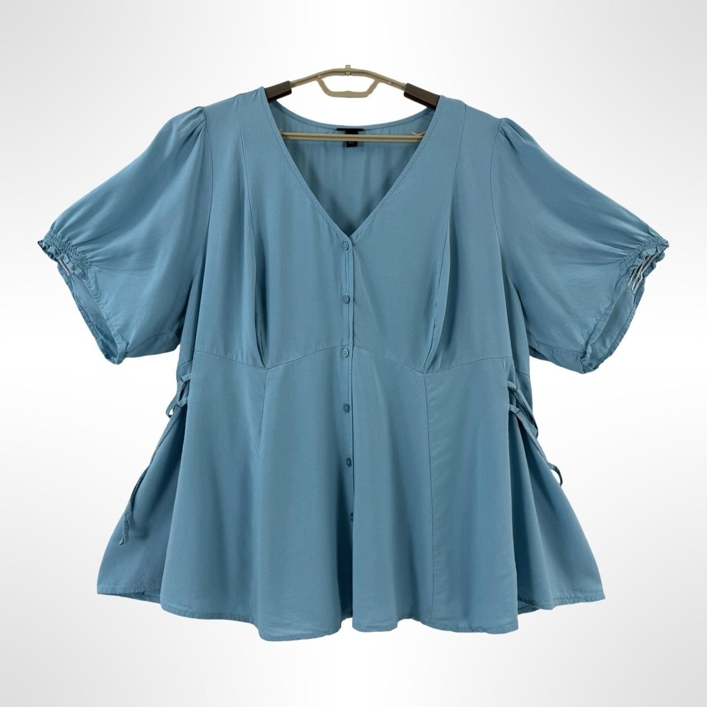Torrid Blouse Womens 3X Blue V Neck Button Front Puff Sleeve Tunic Plus